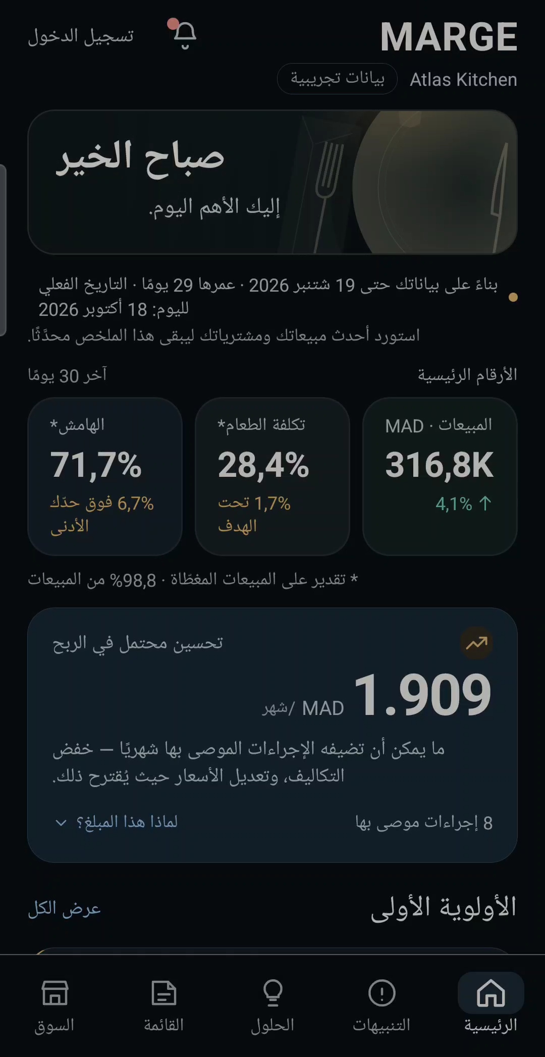 الصفحة الرئيسية في MARGE للمطعم التجريبي: المبيعات وتكلفة الطعام والهامش والتحسين المحتمل في الربح