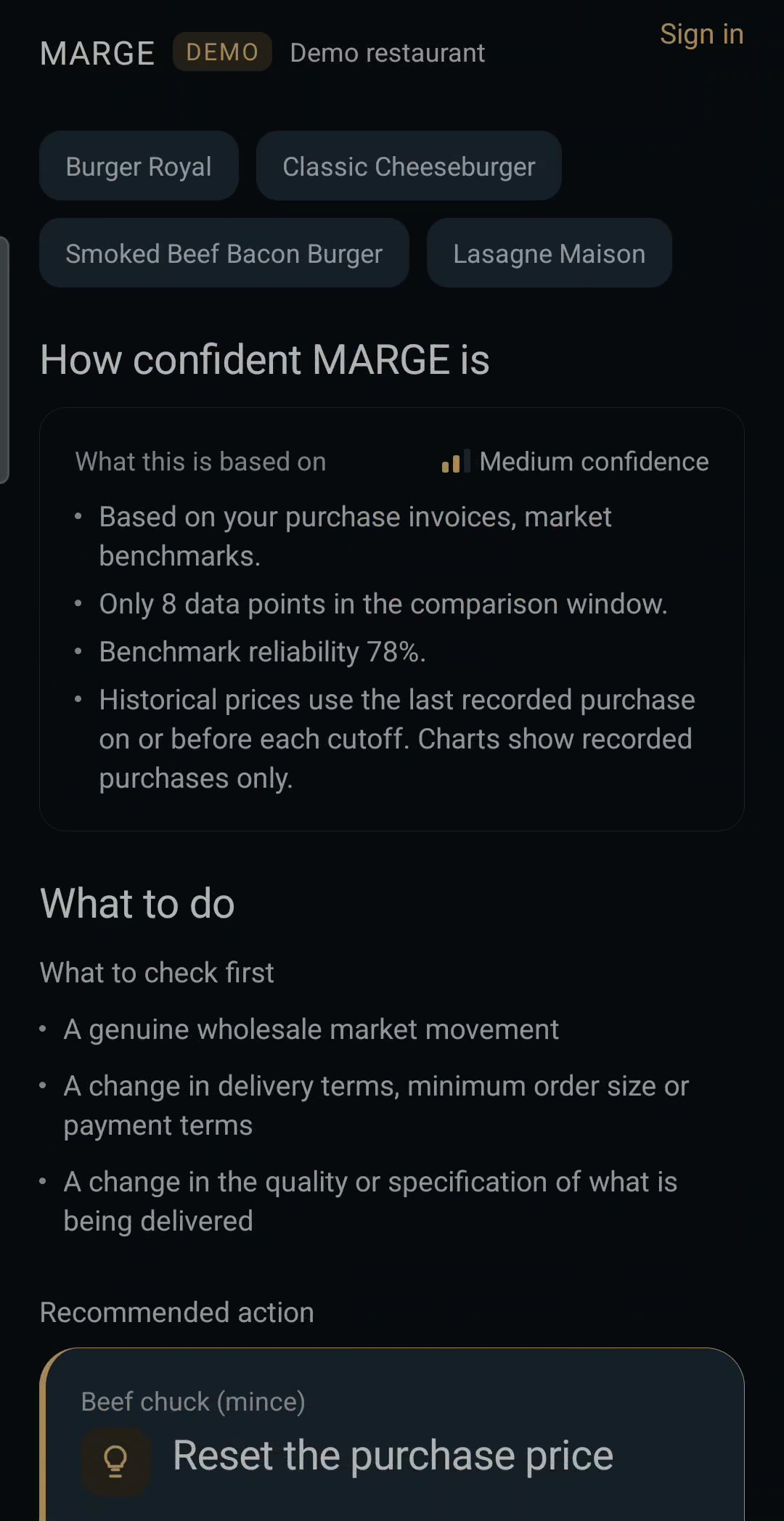 How confident MARGE is, what it is based on, and what to check first