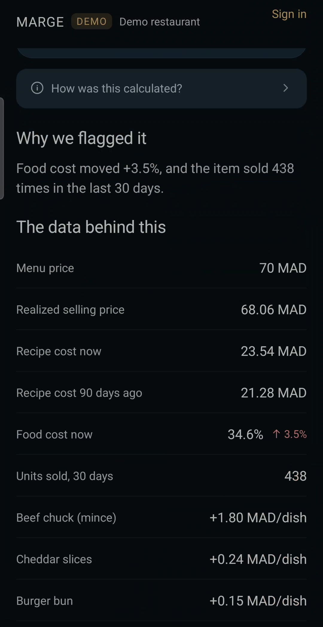 The data behind an issue: menu price, realised price, recipe cost now and 90 days ago, units sold