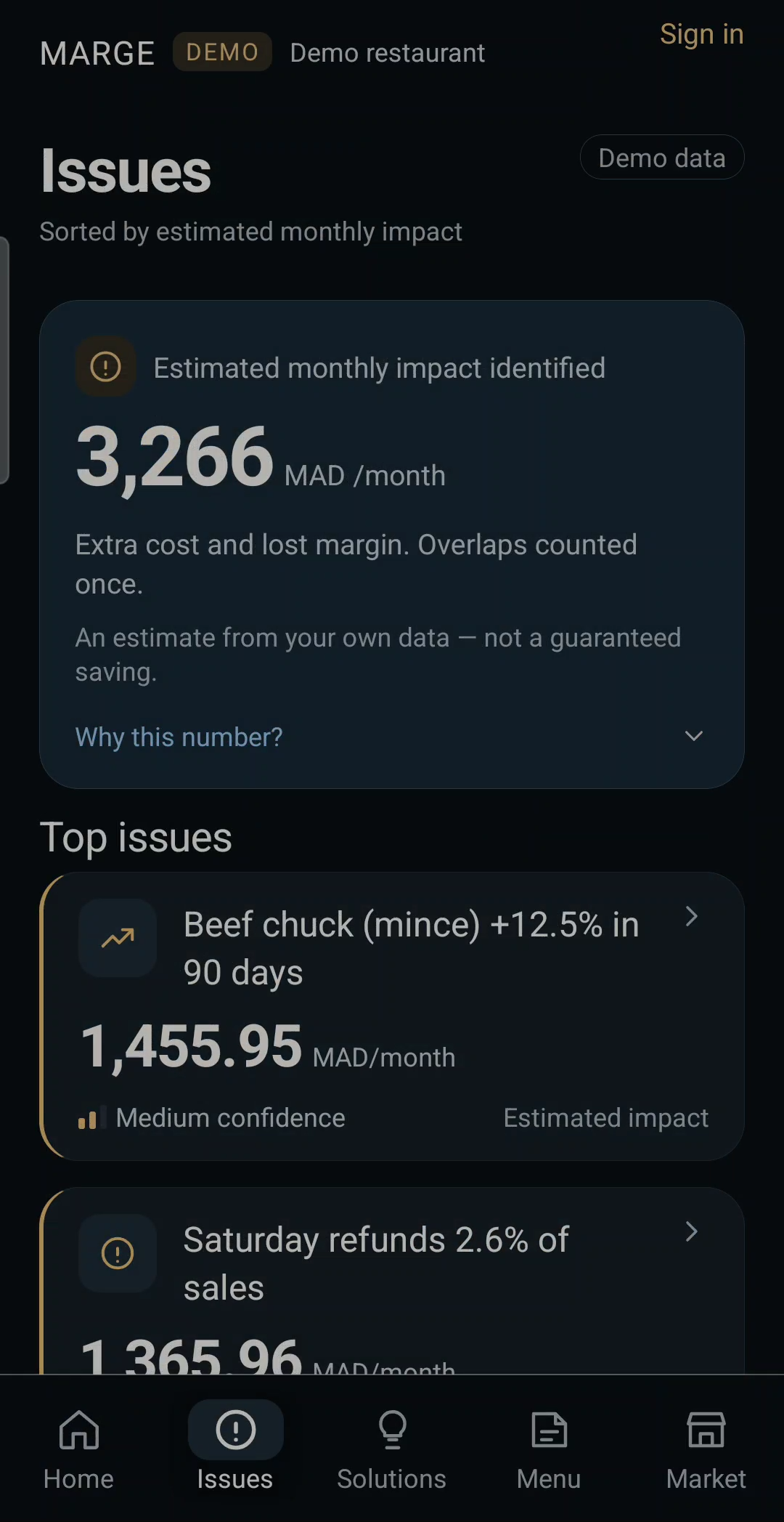 MARGE issues screen: 3,266 MAD per month identified, with top issues ranked by estimated impact