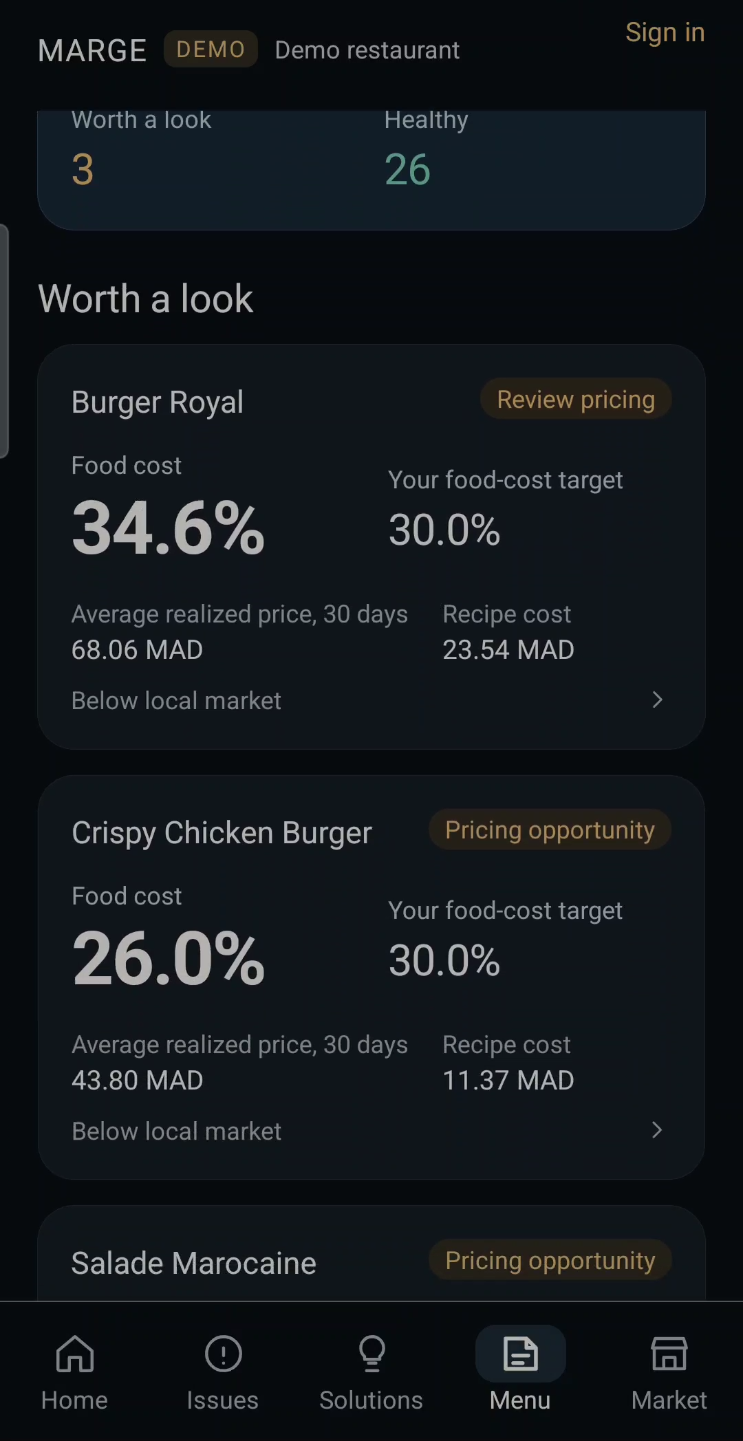 Menu pricing: dishes compared with the food-cost target