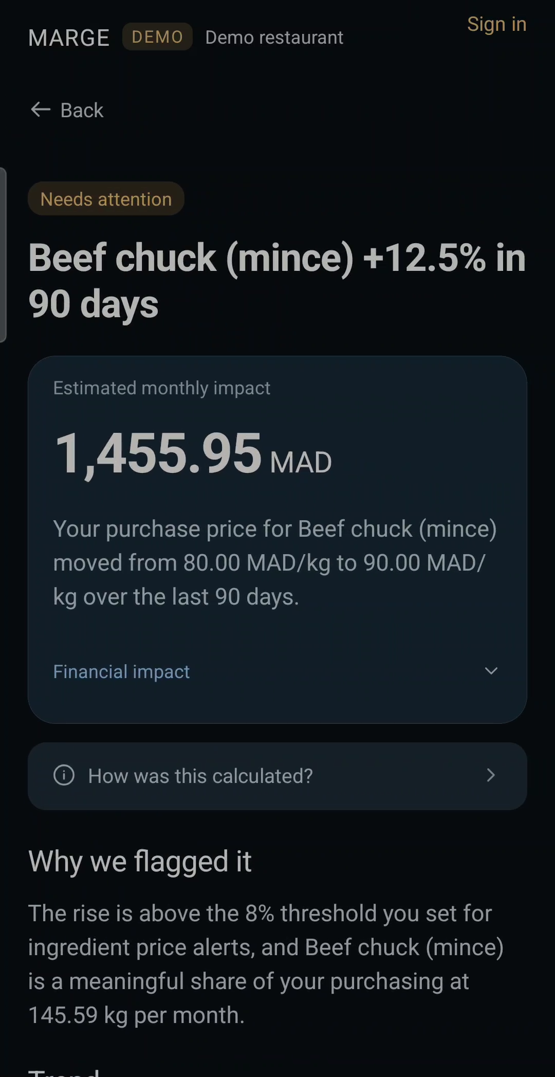 Issue detail: beef chuck up 12.5% in 90 days, with why MARGE flagged it