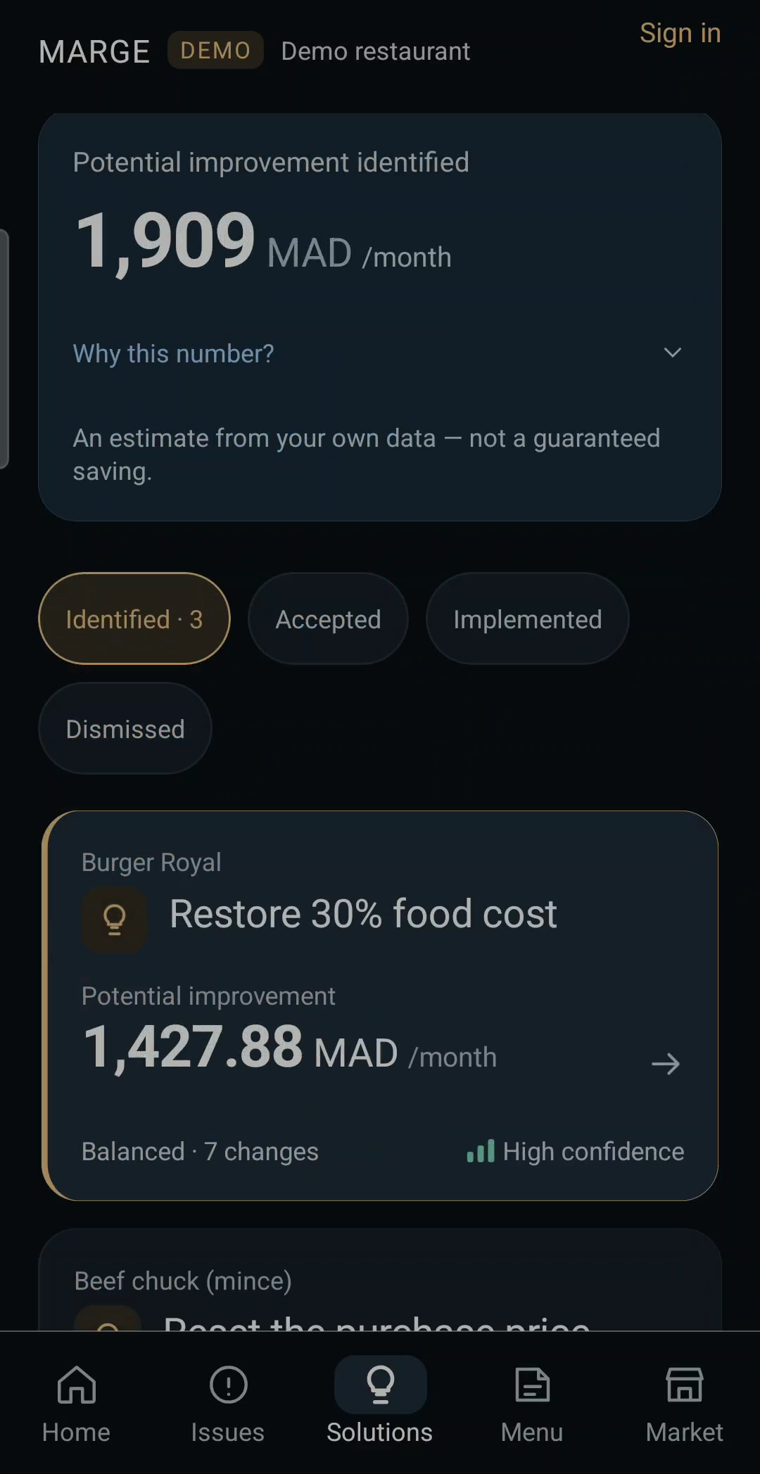 Solutions screen: potential improvement and suggested actions with confidence levels