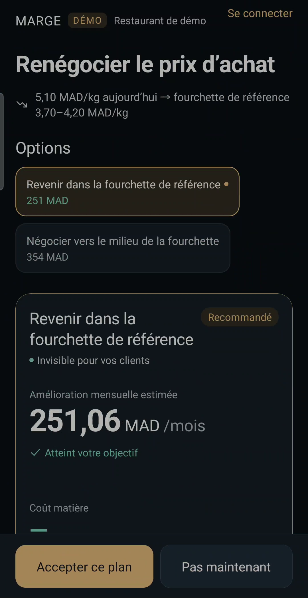 Plan proposé avec options, amélioration mensuelle estimée, Accepter ce plan ou Pas maintenant