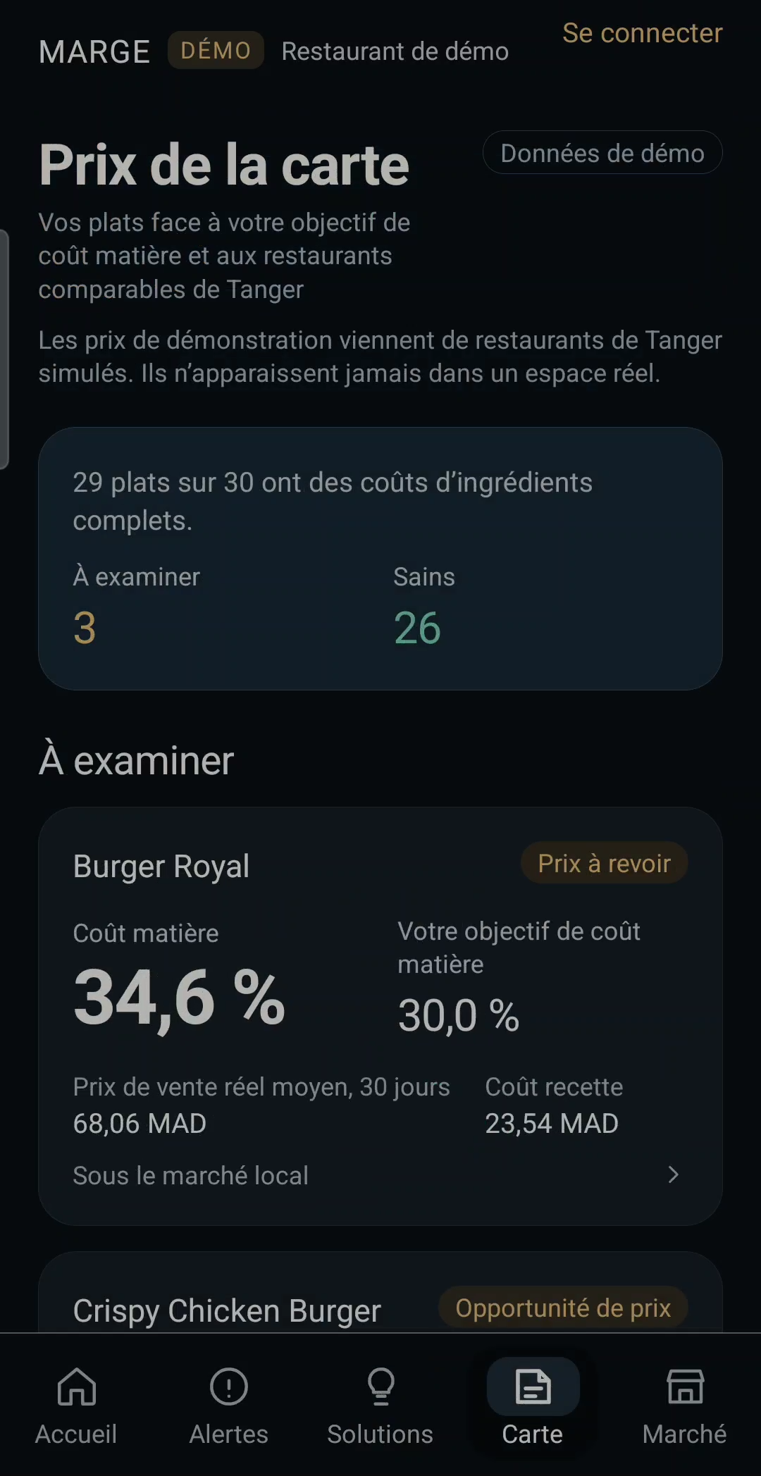 Prix de la carte : plats comparés à l’objectif de coût matière