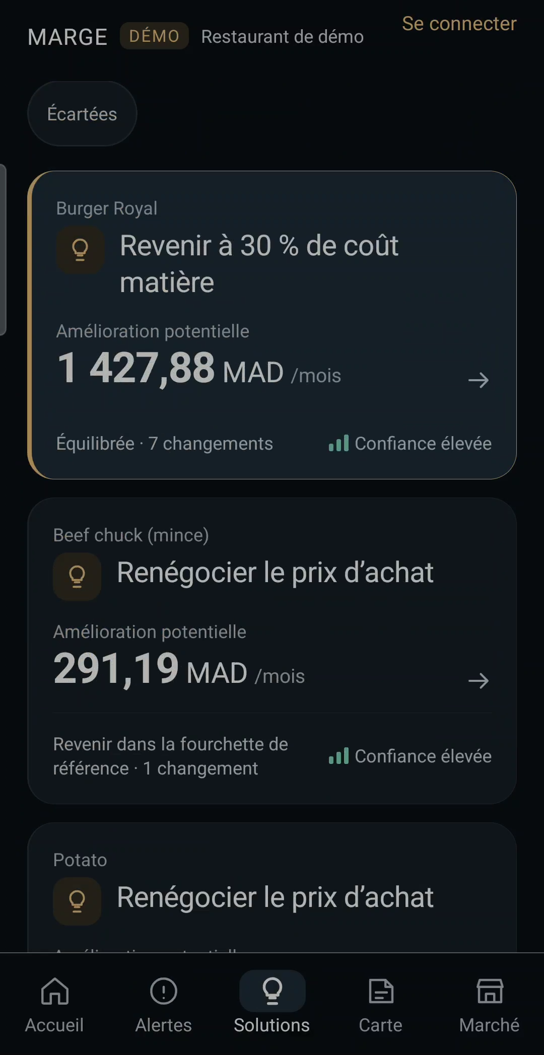 Écran Solutions : actions proposées avec amélioration potentielle et niveau de confiance